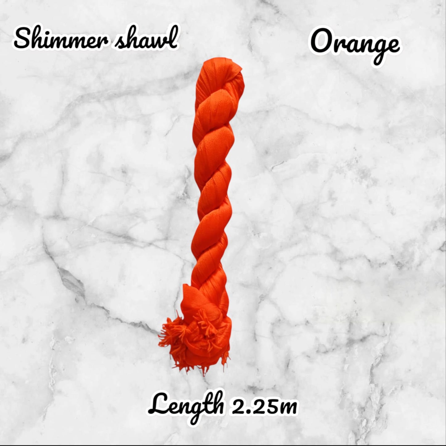 Orange braided toy on a marble background with text indicating 'Shimmer shawl', 'Orange', 'Length 2.25m'.