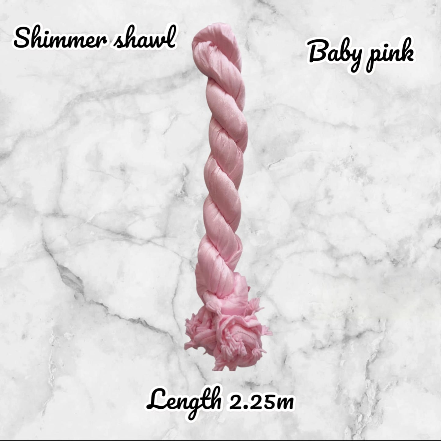 Pink shimmer shawl on a marble background with text indicating color and length.
