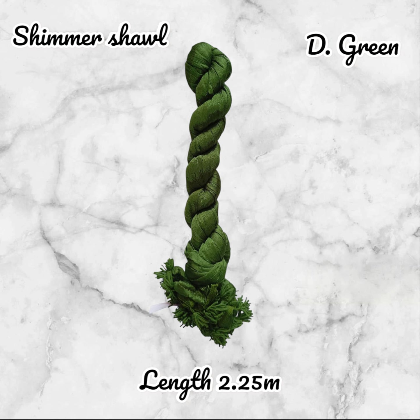 Green braided yarn on a marble background with text indicating 'Shimmer shawl', 'D. Green', and 'Length 2.25m'.