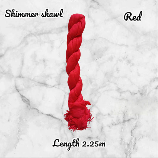 Red dog toy with braided design on a marble background, labeled 'Shimmer shawl Red' and 'Length 2.25m'.