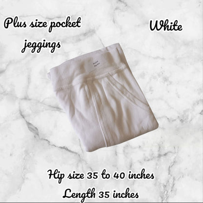 White plus size pocket jeggings on a marble background with text describing size and length.