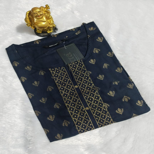 Navy blue fabric with gold patterns on a white background