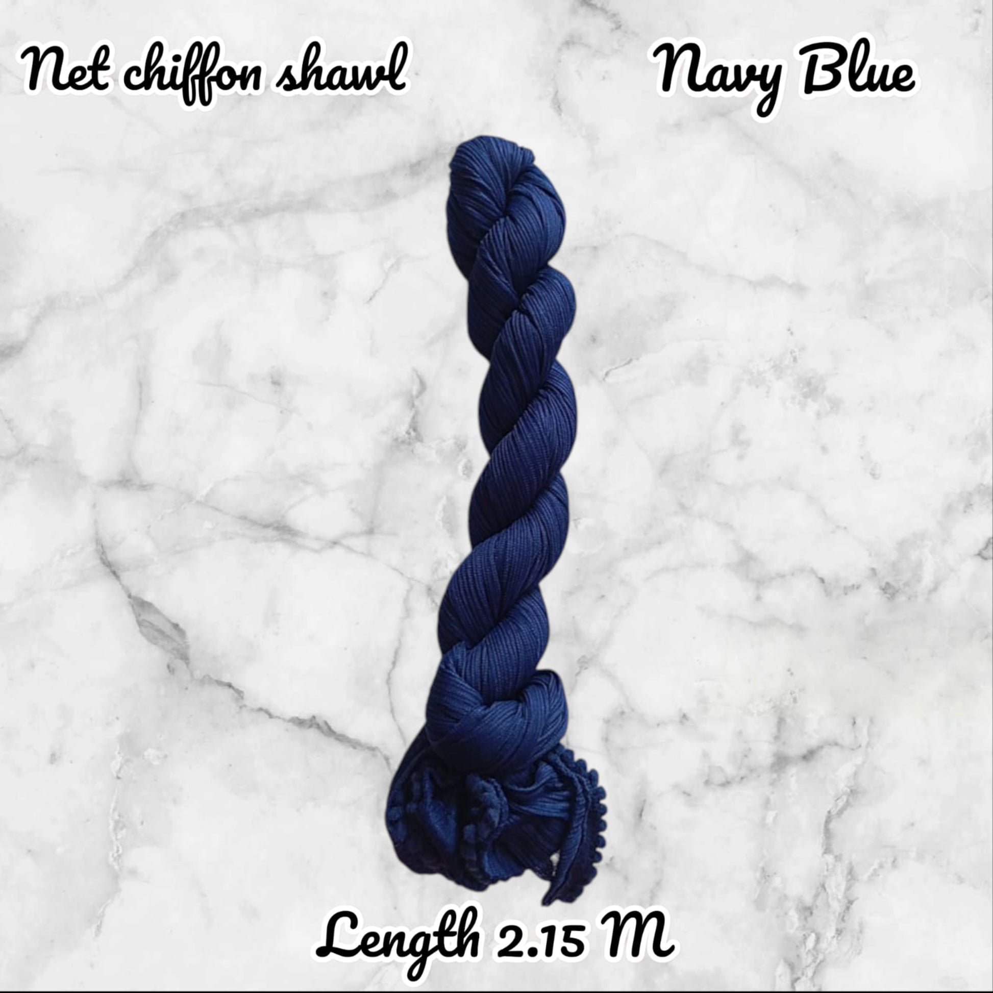 Navy blue chiffon shawl on a marble background with text indicating length.