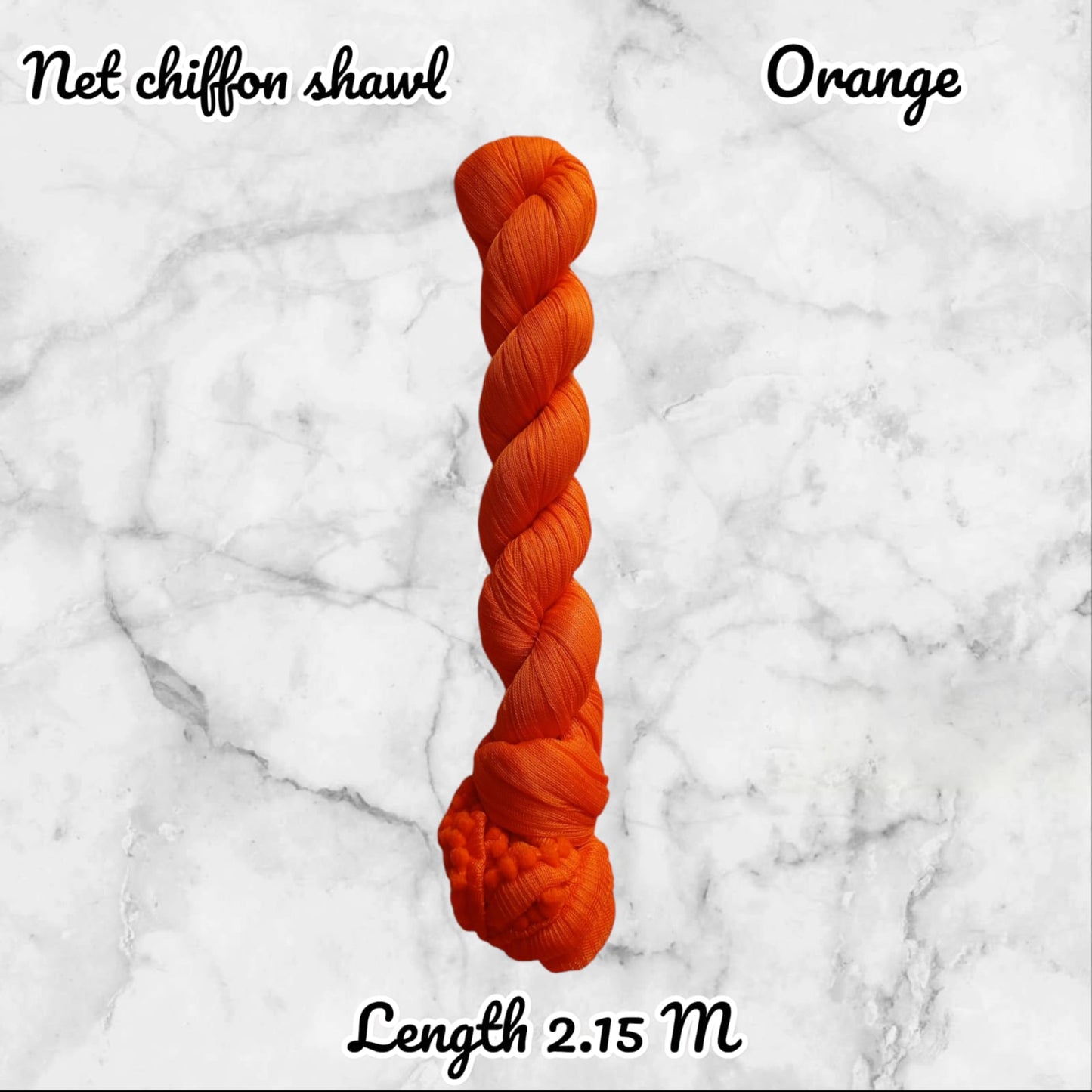 Orange skein of yarn on a marble background with text indicating 'Net chiffon shawl' and 'Length 2.15 M'.