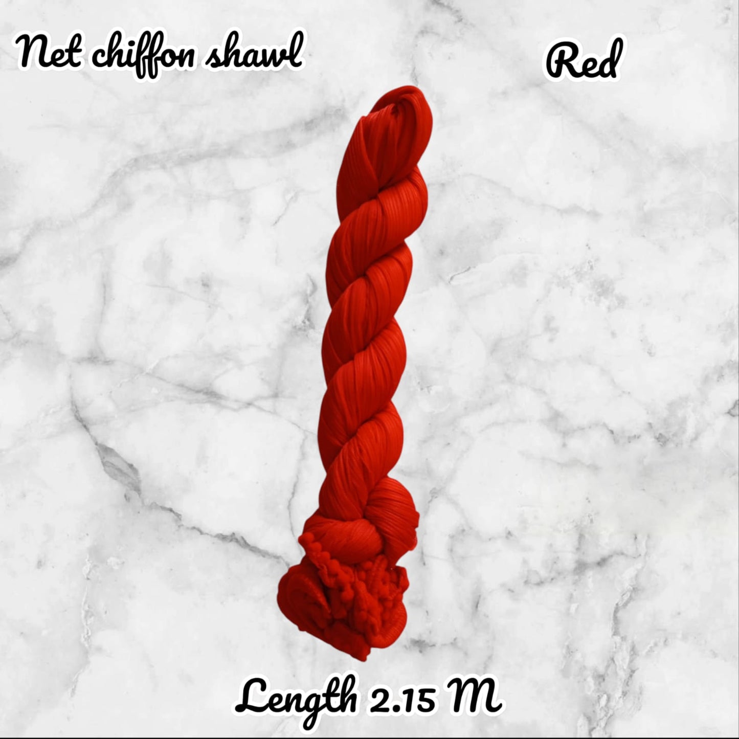 Red net chiffon shawl on a marble background with text indicating length.