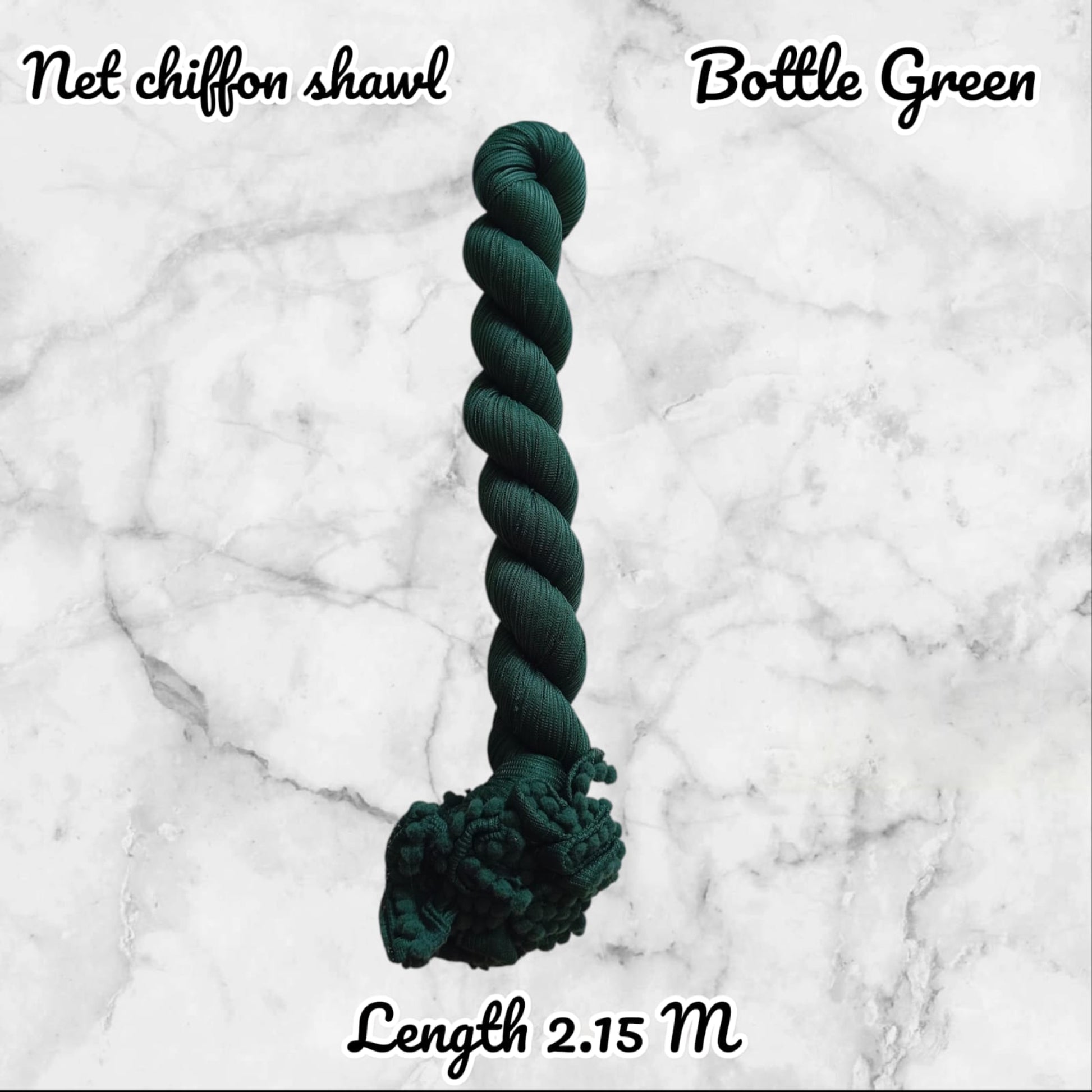 Bottle green net chiffon shawl on a marble background with text indicating length.