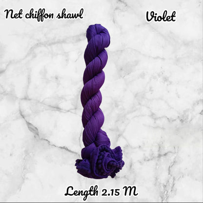 Purple chiffon shawl on a marble background with text indicating color and length.