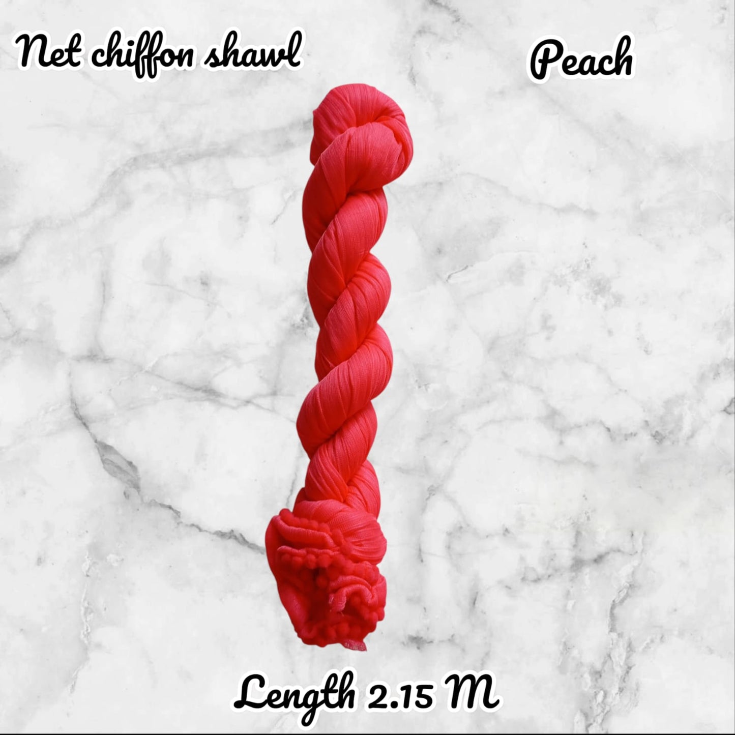 Red chiffon shawl on a marble background with text indicating color and length.