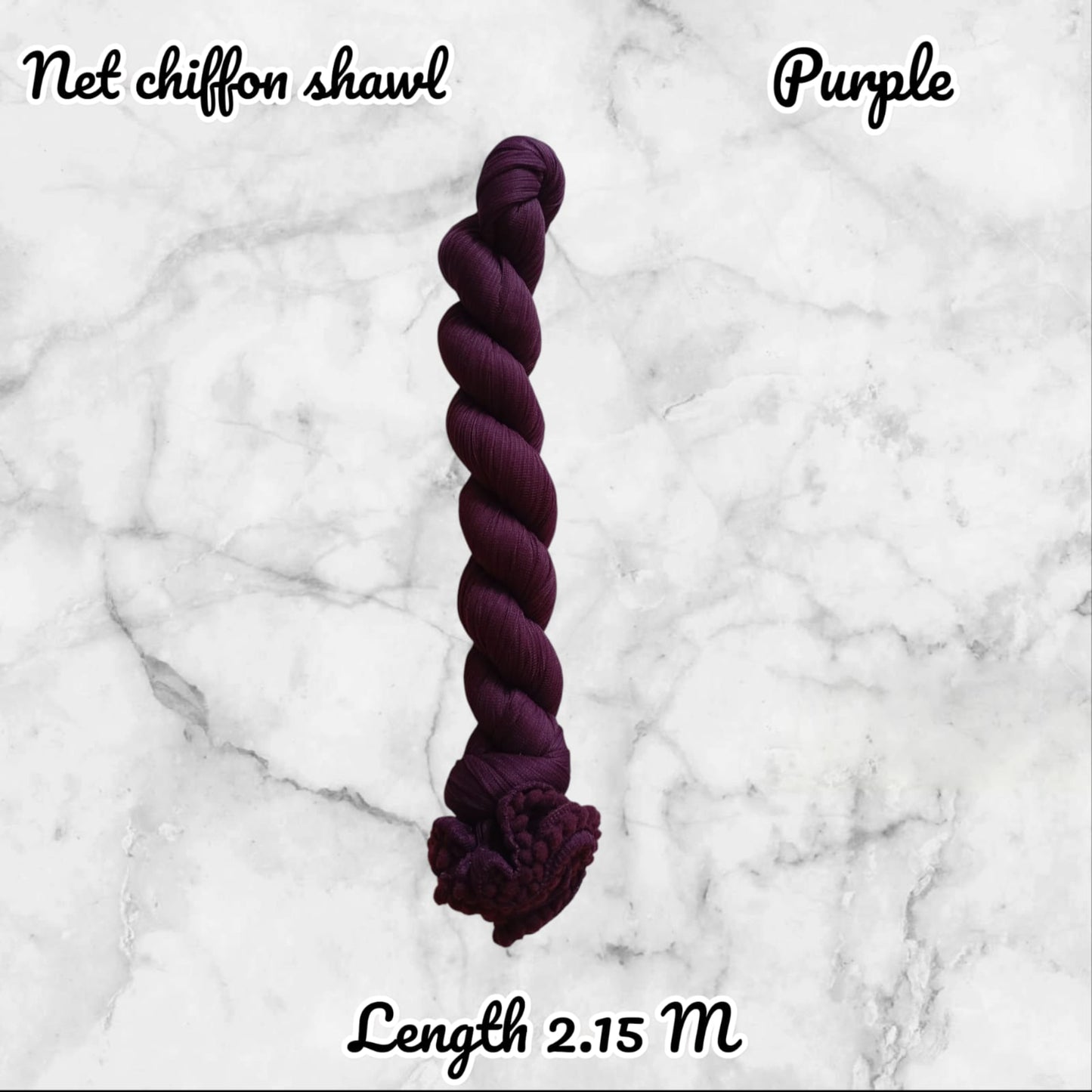 Purple chiffon shawl on a marble background with text indicating length.