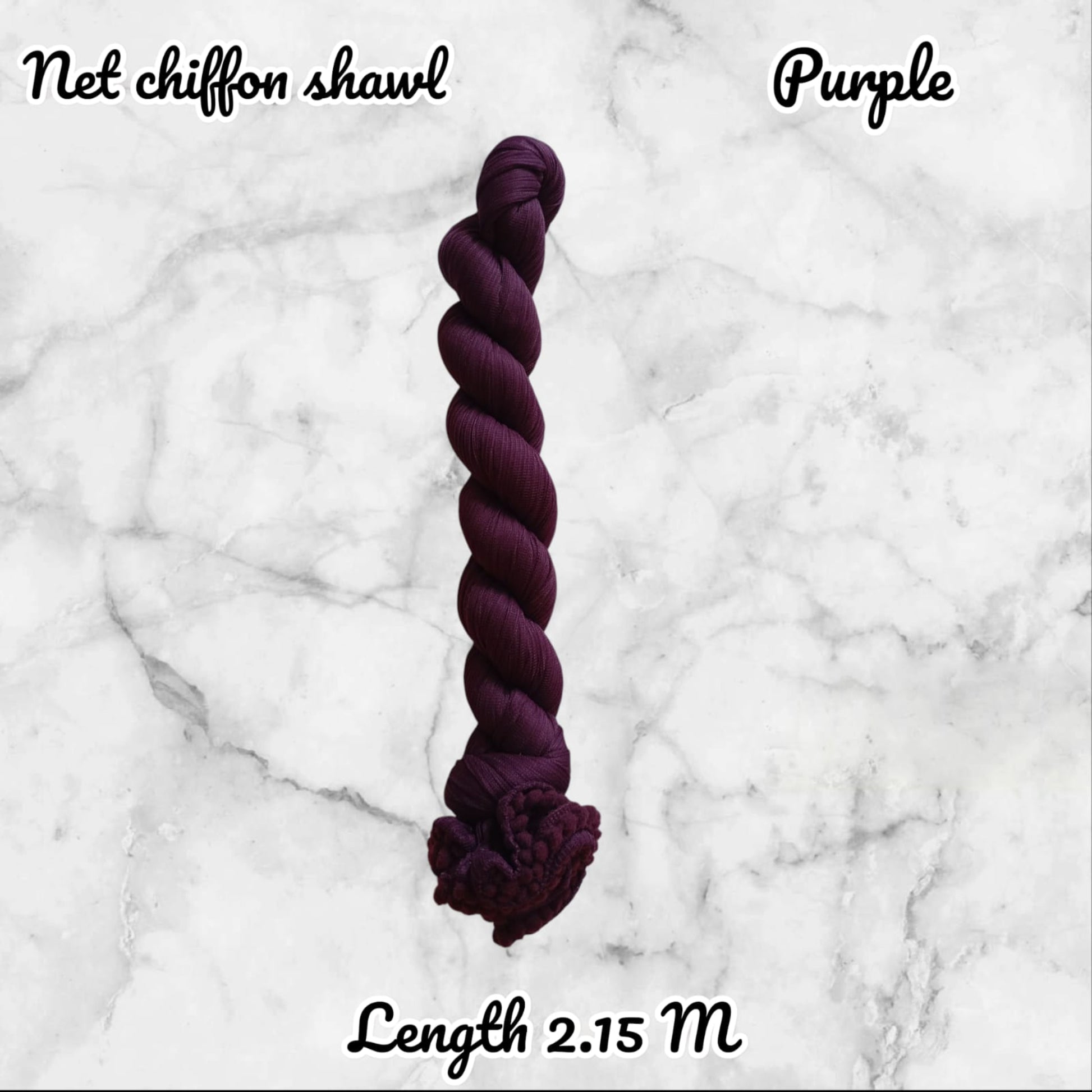 Purple chiffon shawl on a marble background with text indicating length.