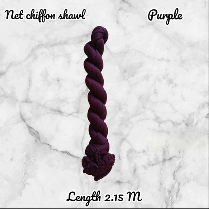 Purple chiffon shawl on a marble background with text indicating length.