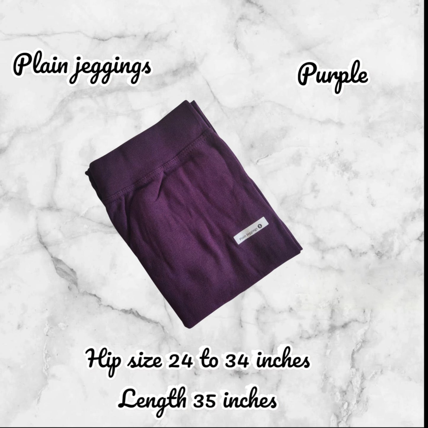 Purple jeggings on a marble background with size and length information.