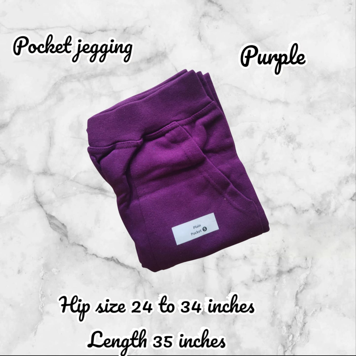 Purple pocket jegging on a marble background with product details.