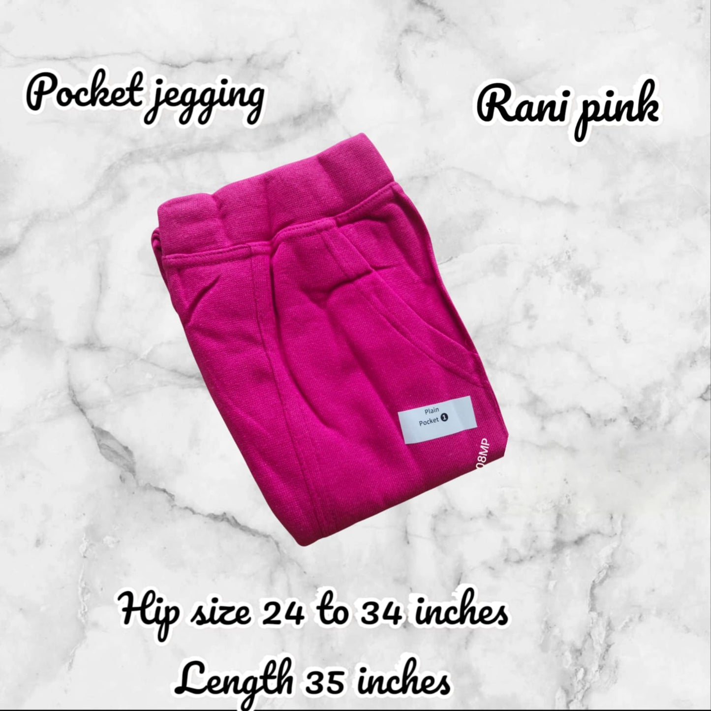 Pink pocket jegging on a marble background with product details.