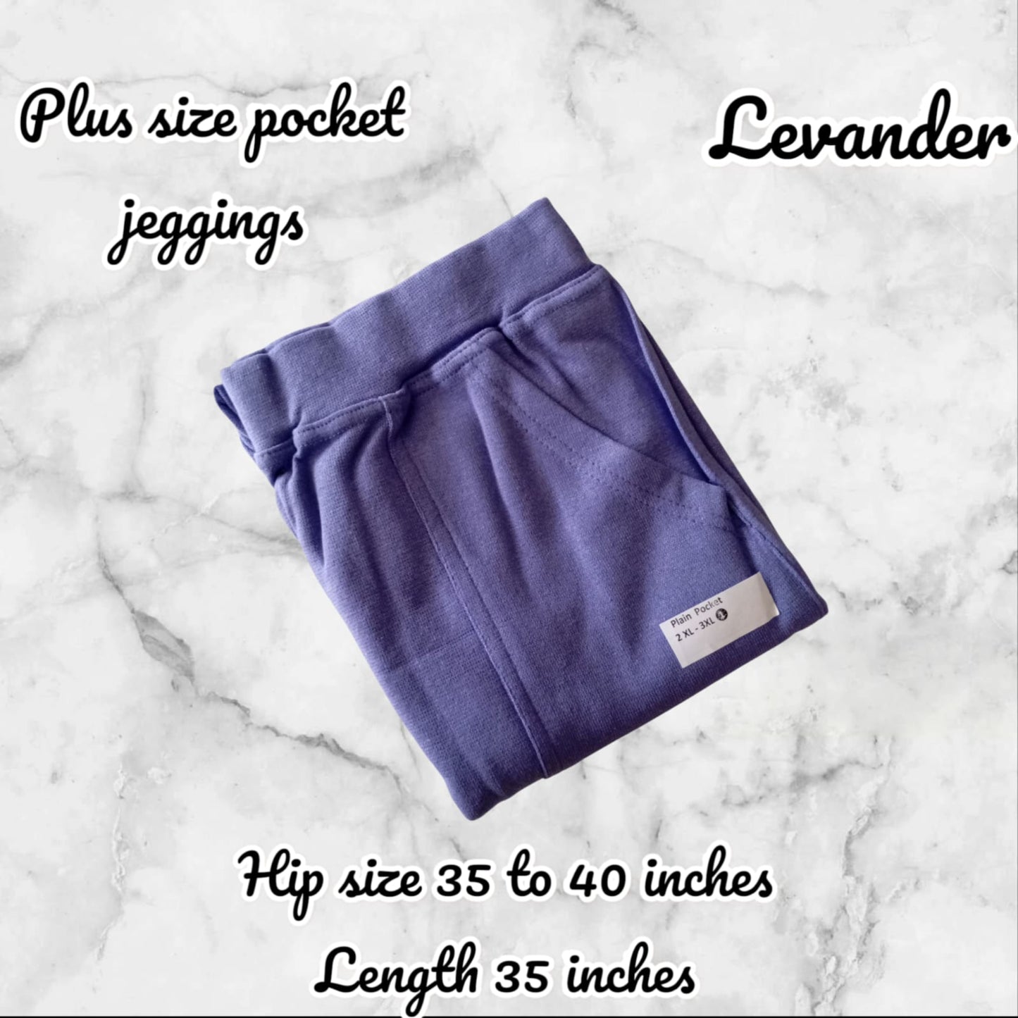 Folded lavender plus size pocket jeggings on a marble background with product details.