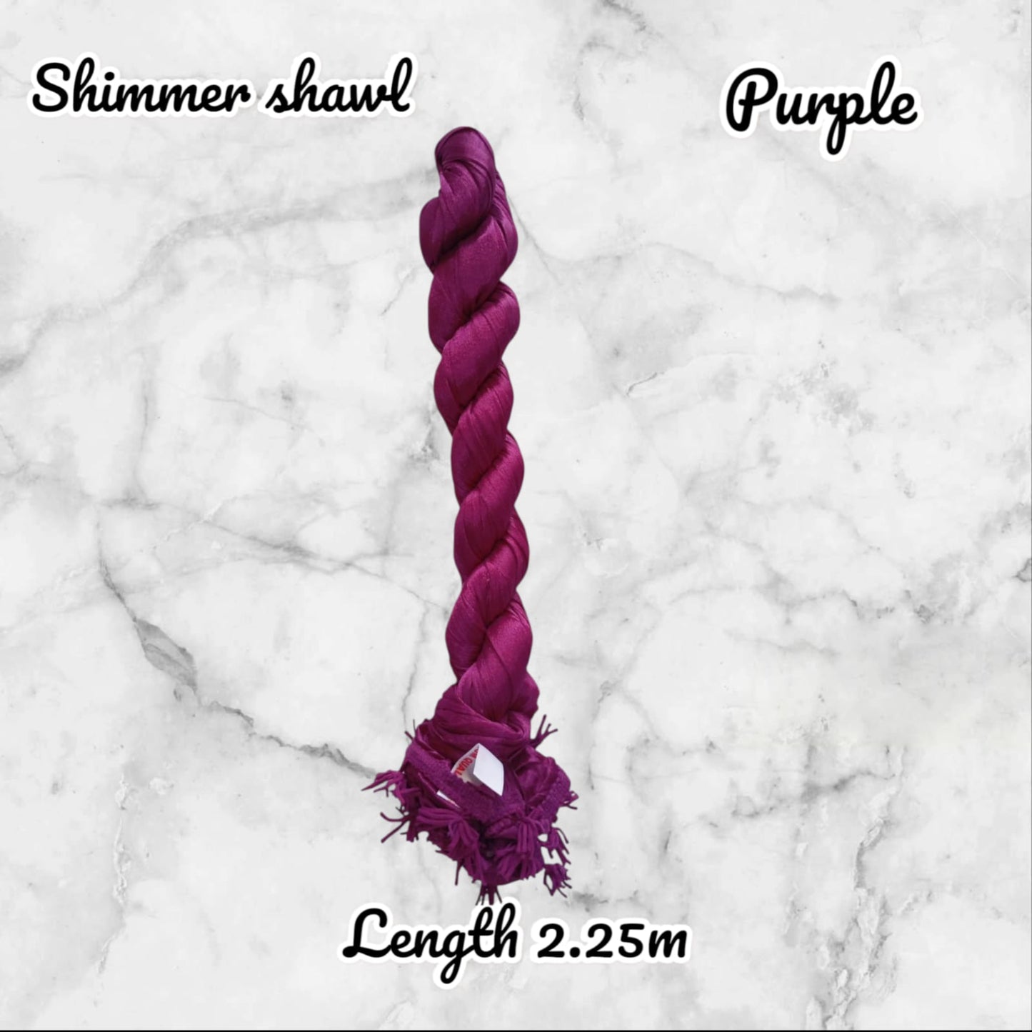 Purple shimmer shawl on a marble background with text indicating color and length.