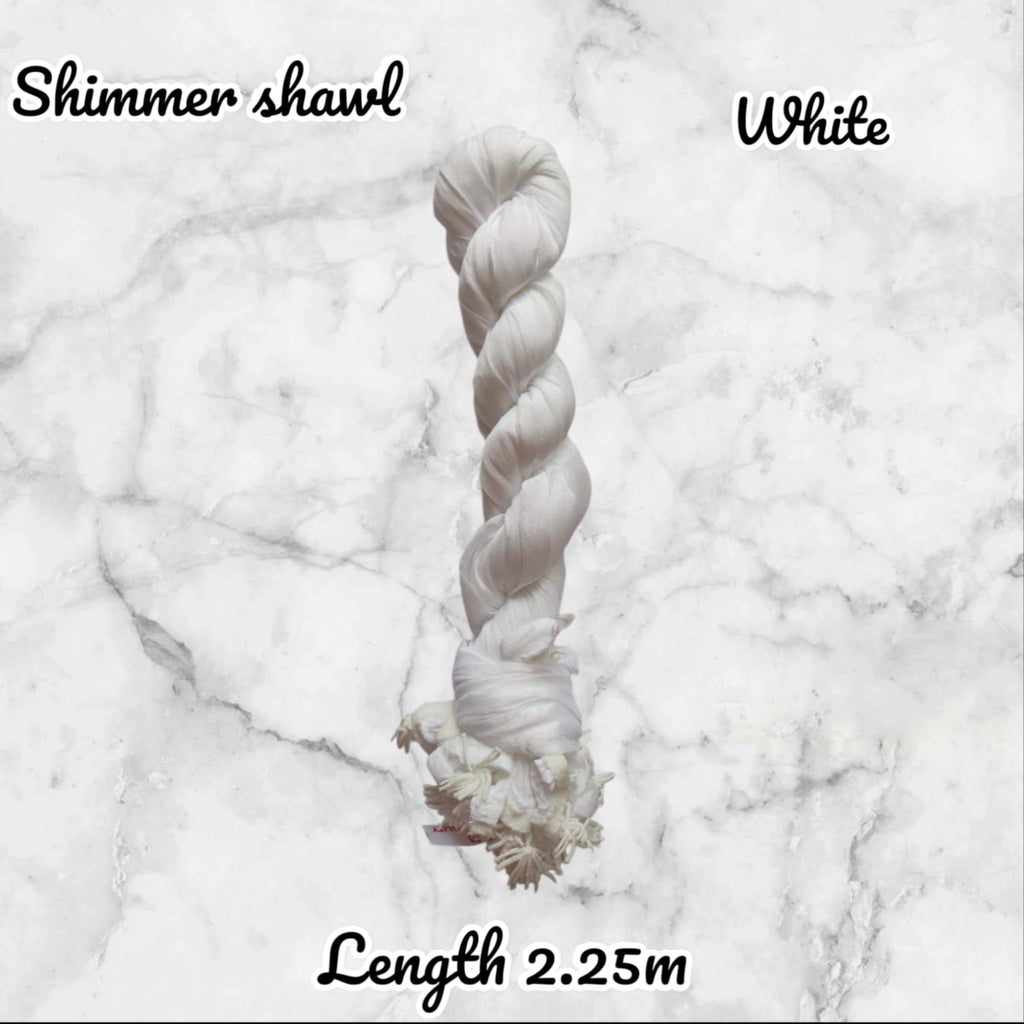 White shimmer shawl on a marble background with text indicating length.