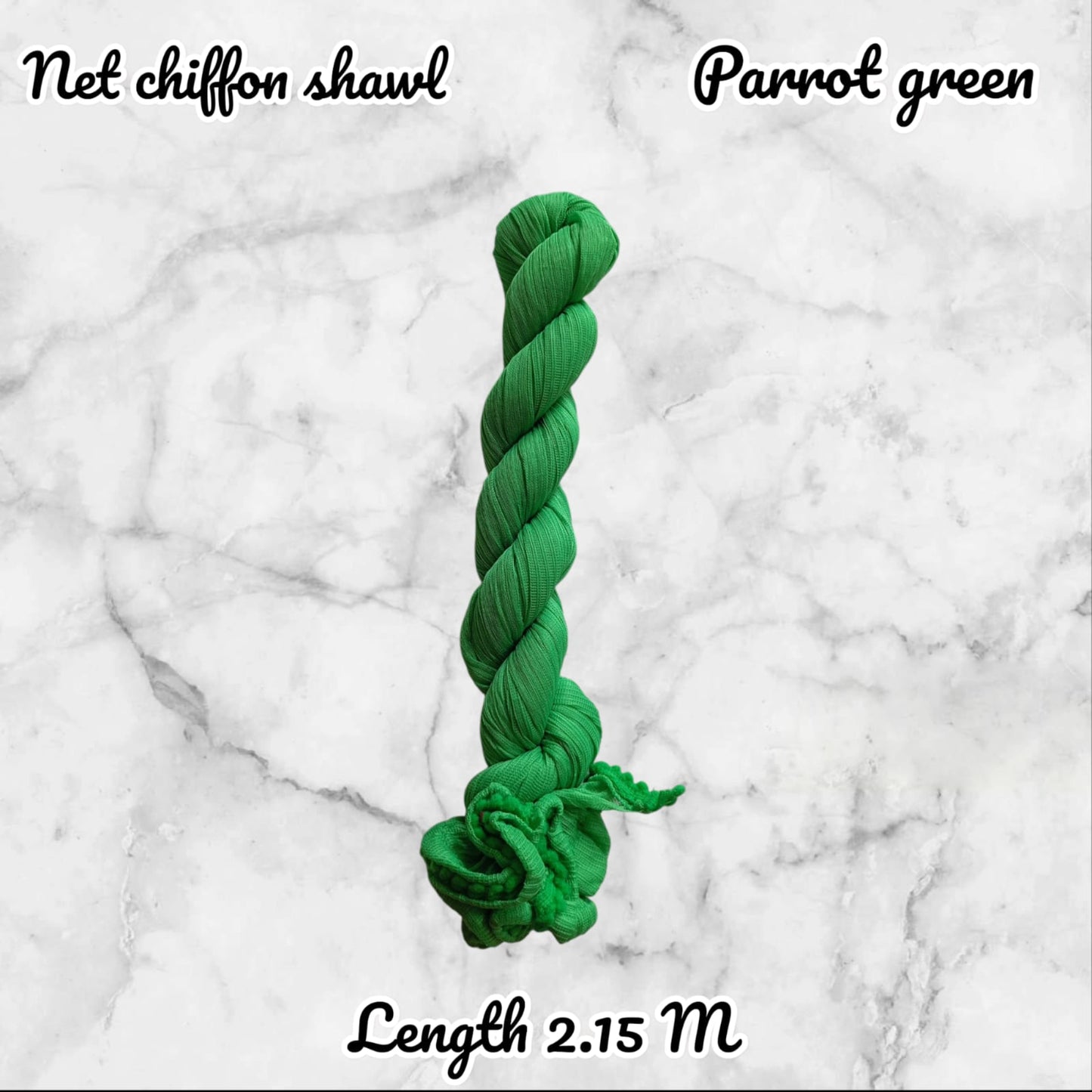 Green chiffon shawl on a marble background with text indicating color and length.