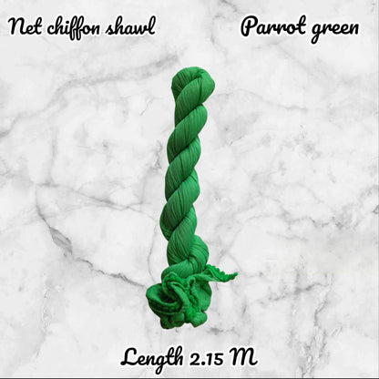 Green chiffon shawl on a marble background with text indicating color and length.