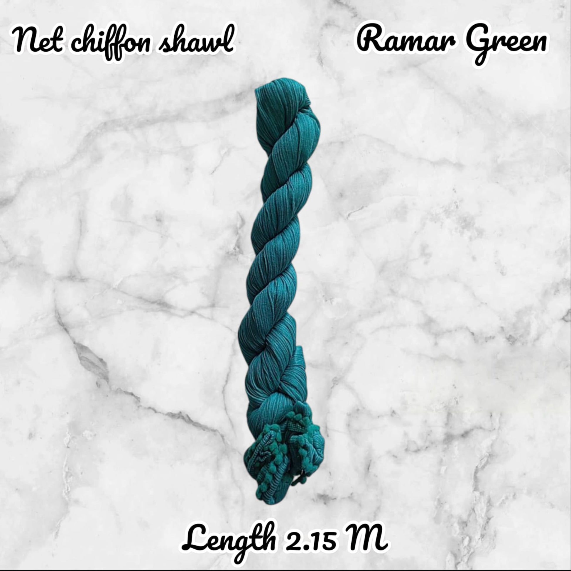 Braided teal yarn on a marble background with text indicating 'Net chiffon shawl Ramar Green' and 'Length 2.15 M'.