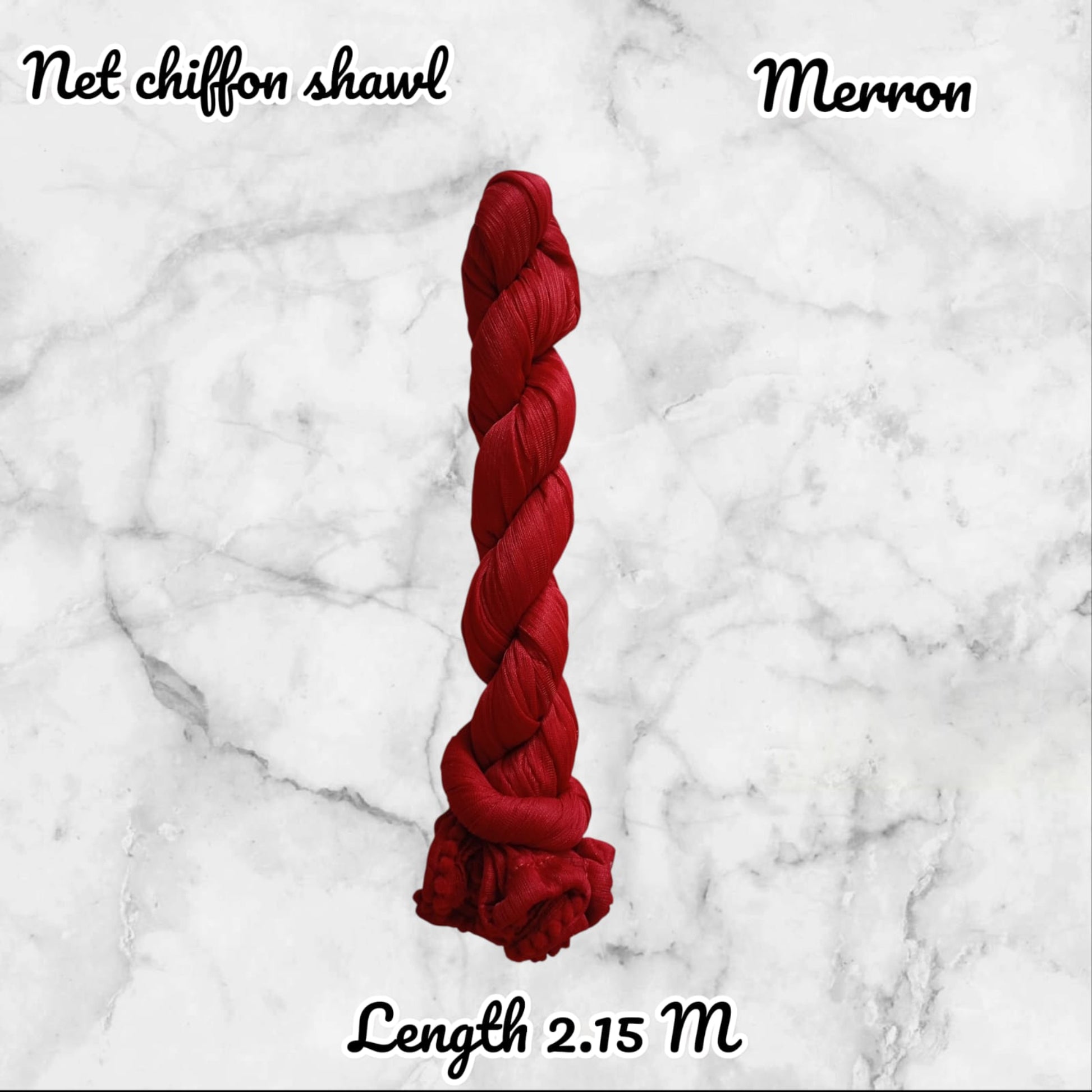 Red chiffon shawl labeled 'Merron' on a marble background